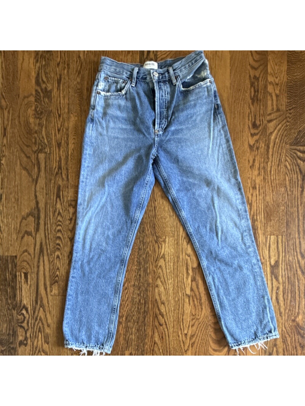 AGOLDE The Riley High Rise Distressed Straight Jean 24 Light Wash Raw Hem